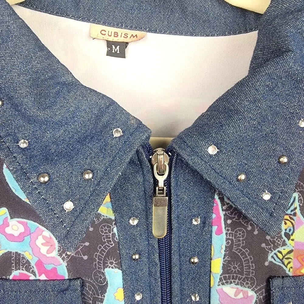 Cubism Full Zip Jacket Navy Multicolor M Rhinestone Art To Wear Vintage 90s